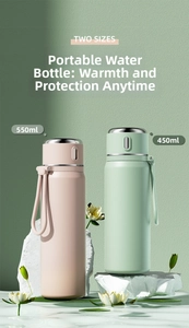 Dual-size 450ml and 550ml thermal water bottles with silicone straps on minimalist decor