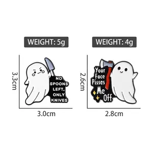 Ghost enamel pins set featuring a funny cartoon phantom with knife and axe designs