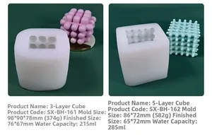 Silicone cube candle molds in 3 and 5 layer designs with detailed size and capacity specs