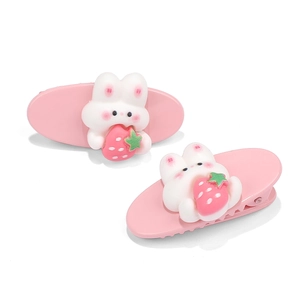 Cute pink resin bunny hair clips with white rabbit and strawberry charms for girls