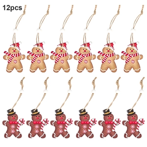 Flat lay showing 12 pieces of wooden gingerbread man ornaments with red and black hats