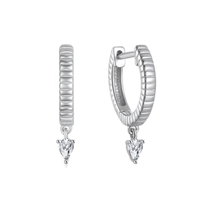 Classic silver S925 huggie hoop earrings with waterdrop zircon pendants in white background