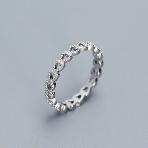 Elegant 925 sterling silver open ring with hollow heart patterns and fine diamond accents