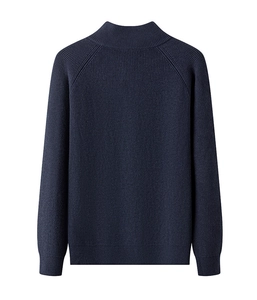 Close-up of navy blue knit cardigan sweater with vertical texture and zip-up collar