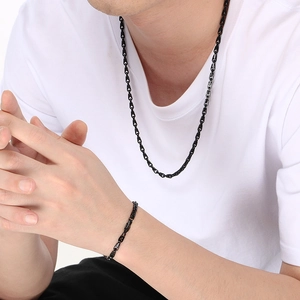 Ensemble collier et bracelet en acier inoxydable noir pour homme avec chaîne ovale vintage