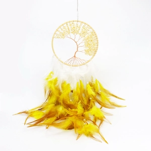 Detail of life of tree dream catcher with yellow crystals and white feathers