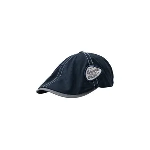 Dark blue denim newsboy cap featuring vintage letter embroidery and grey brim piping