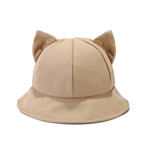 Beige bucket hat with cute 3D animal ears made of premium cotton canvas fabric