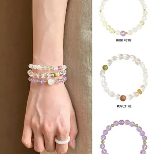 Amethyst And Green Stone Beaded Bracelet Elastic Crystal Round Beads Jewelry With Gold Tone Alloy Spacers For Women Elegant