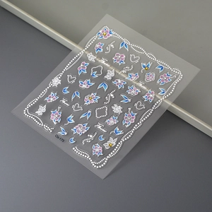 Macro detail of floral nail sticker with purple petals and silver dots model Co-175