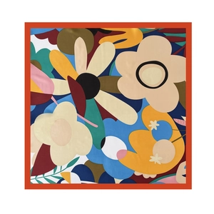 70x70cm square silk scarf with vintage floral print and bright orange border trim