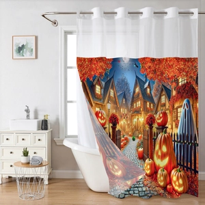 Detailed view of Halloween waffle shower curtain featuring pumpkins and metal grommets