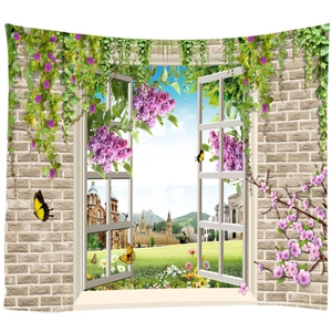 3D window view wall tapestry featuring white frame with purple flowers and castle scenery