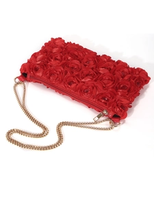 Elegant red satin rose evening bag with a golden chain strap and crescent moon shape