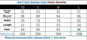 Tableau des tailles détaillé pour ensemble gilet en jean avec mesures de poitrine