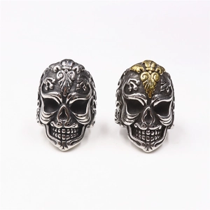 Punk style carved skull rings in antique silver and gold stainless steel for men