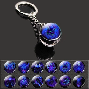 Detailed view of 12 luminous zodiac signs in spherical glass pendants on keychains