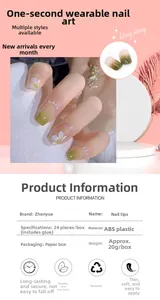 Detail guide of green floral press-on nails set with daisy and pearl decorations