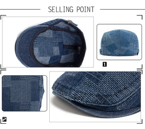 Detail of washed denim beret featuring 100% cotton fabric and premium stitching texture