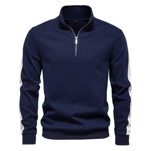 Men's navy blue quarter-zip sweatshirt with white side stripes and ribbed cuffs