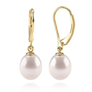 Detailed view of classic white pearl earrings with 18K gold-plated leverback closure hooks