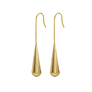 Polished gold teardrop dangle earrings with long elegant hooks on white background