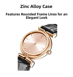 Close-up of rose gold zinc alloy watch case with sleek black leather textured strap