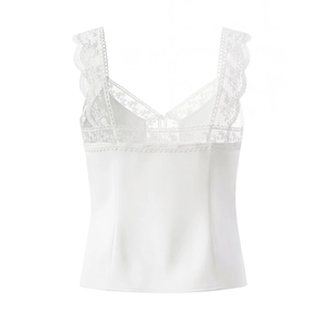 White satin camisole with lace patchwork and elegant V-back design on white background