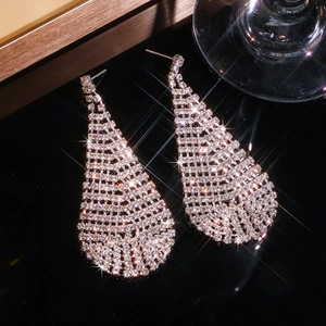 Luxury sparkling silver water drop tassel earrings with full rhinestone inlay for parties