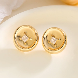 Minimalist gold plated button stud earrings with central square zircon for women