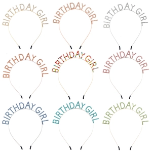 Set of 9 colorful rhinestone Birthday Girl headbands in gold silver and rose gold finishes