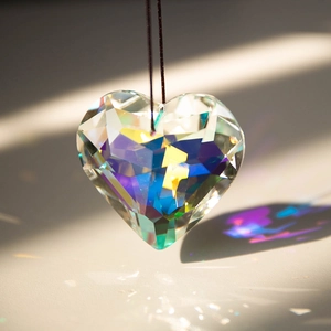 Faceted crystal heart suncatcher pendant reflecting rainbow light on a soft background