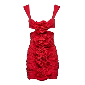 Close-up of three-dimensional red rose floral applique on a cutout one-piece swimsuit