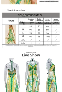 Detailed size chart and three-dimensional views of the floral V-neck maxi dress