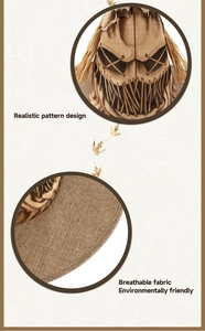 Detail view of realistic pattern and breathable burlap fabric on Halloween scarecrow hat