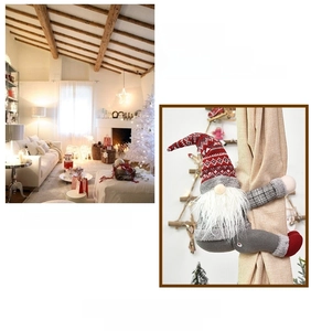 Close-up of Forest Gnome Christmas curtain tieback with Nordic knit hat and plush beard detail
