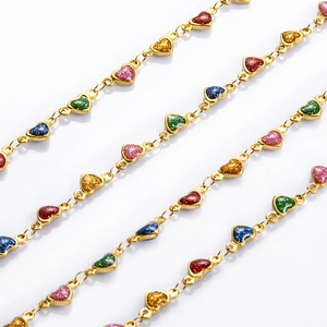 Polished stainless steel gold chains with colorful glitter enamel heart pendants for DIY
