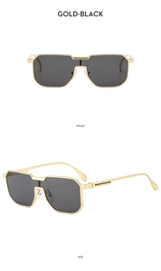 Detailansicht der quadratischen Gold-Sonnenbrille mit schwarzen Gläsern von vorn und seitlich