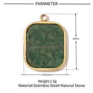 Detail view of 18x13mm rectangular stainless steel pendant with green natural stone inlay