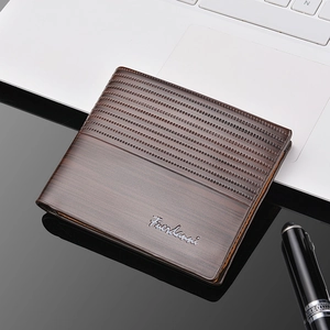 Men's bifold short wallet in dark brown wood texture with business logo on mirrored surface