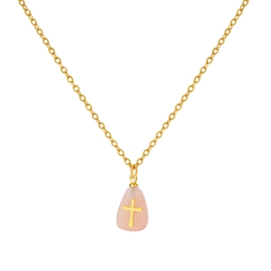 Detail of a pink teardrop stone pendant with a gold cross on a delicate cable chain