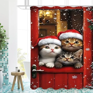 Détail du rideau de douche de Noël 3D avec trois chatons portant des bonnets de Noël