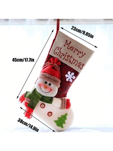 Detail of Christmas stocking with snowman design and dimensions 23x45x38cm on white background