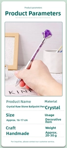 Detail of silver metal pen with clear top filled with purple crystal stones and large raw gemstone
