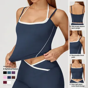 Navy Yoga-Tanktop mit quadratischem Ausschnitt, offenem Rücken und Kontrastpaspeln