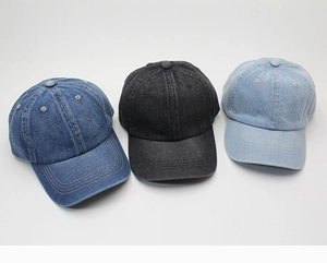 Detailed stitching and premium denim fabric texture on a six-panel baseball cap set