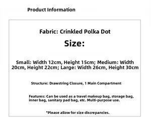 Size chart for polka dot drawstring storage bags showing small, medium, and large dimensions