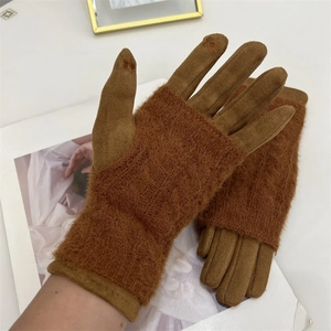 Detailed close-up of brown faux mink fur gloves with suede touchscreen flower patches