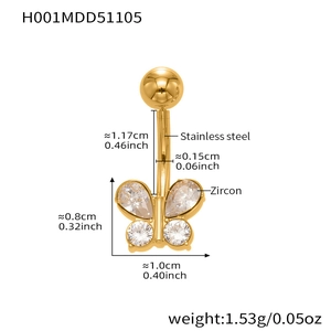 Detailed size chart of a 18k gold plated stainless steel butterfly navel piercing with zircon