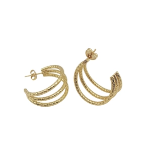 Golden triple hoop earrings with woven texture in a minimalist geometric style